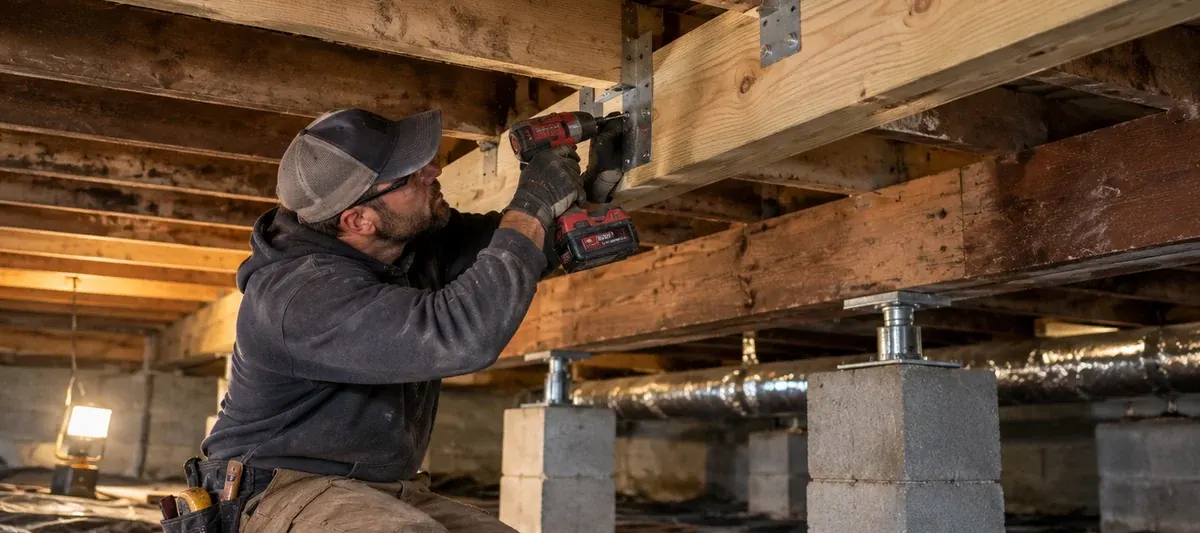 Contractor reinforcing residential floor joists with new lumber in a crawl space