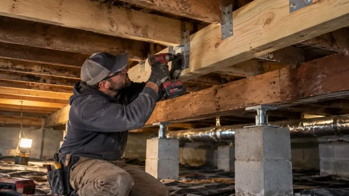 Contractor reinforcing residential floor joists with new lumber in a crawl space