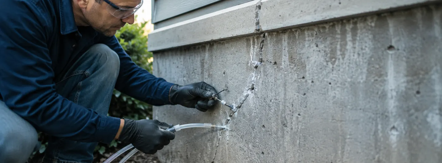Professional repairing a crack in a residential concrete foundation wall