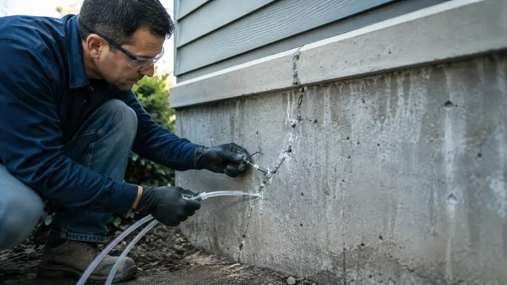 Professional repairing a crack in a residential concrete foundation wall