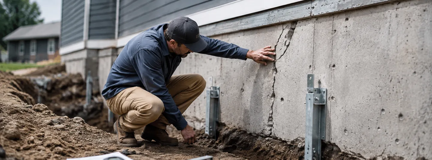 Contractor inspecting a cracked concrete foundation during residential foundation repair