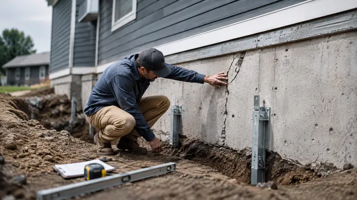 Contractor inspecting a cracked concrete foundation during residential foundation repair