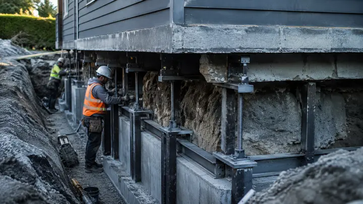 Foundation underpinning work with excavation and deep structural supports beside a building