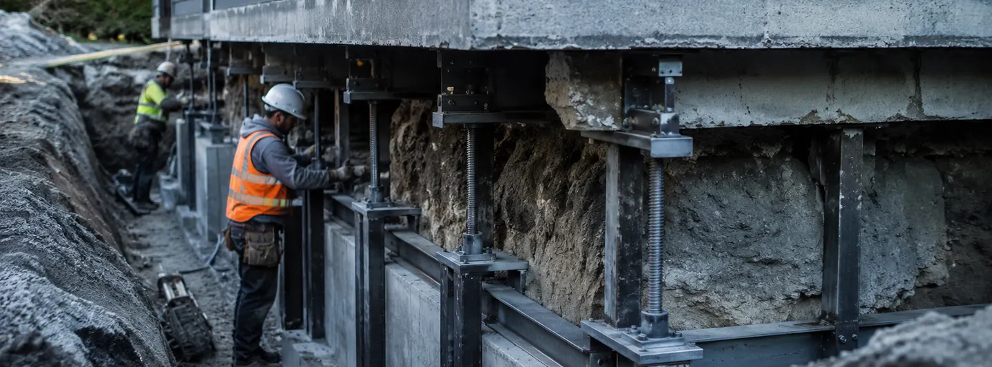 Foundation underpinning work with excavation and deep structural supports beside a building