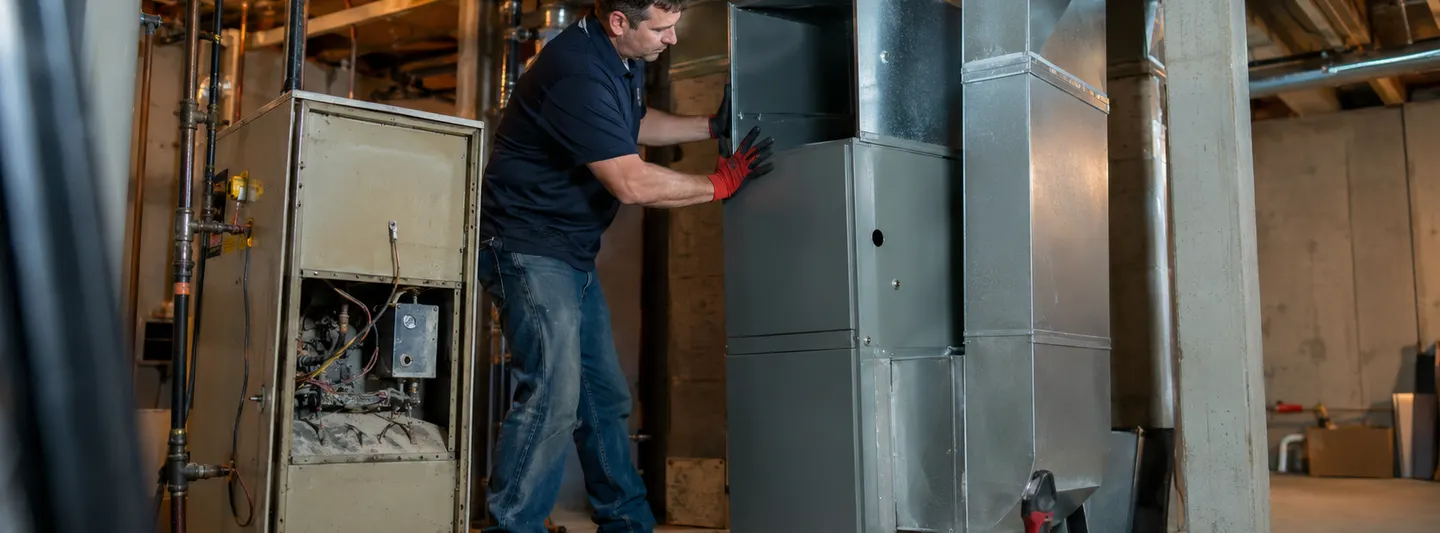 HVAC technician installing a replacement furnace in a residential basement mechanical room