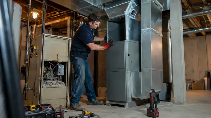 HVAC technician installing a replacement furnace in a residential basement mechanical room