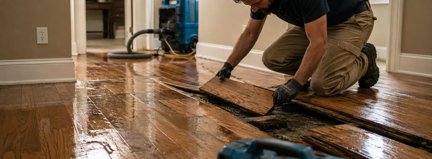 Flooring contractor removing water-damaged hardwood boards during residential restoration