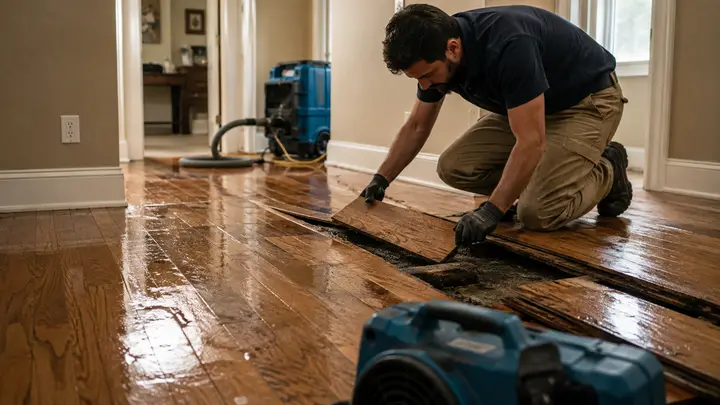 Flooring contractor removing water-damaged hardwood boards during residential restoration