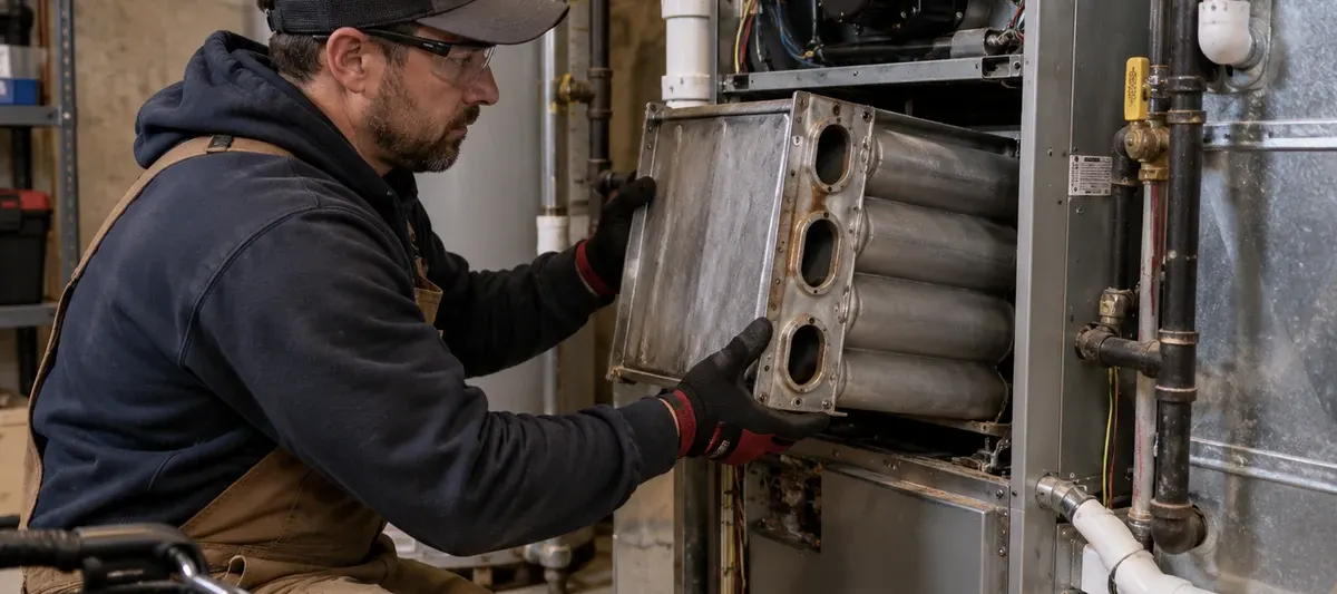 HVAC technician removing a furnace heat exchanger assembly from an open residential gas furnace