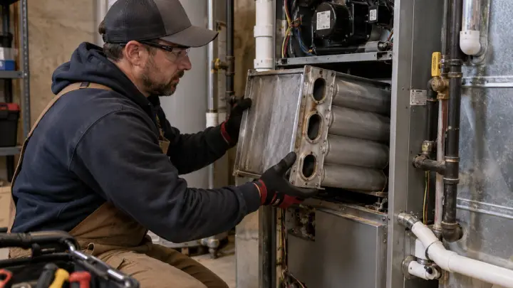 HVAC technician removing a furnace heat exchanger assembly from an open residential gas furnace