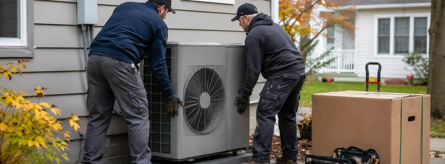 HVAC technicians replacing a modern outdoor heat pump beside a residential home