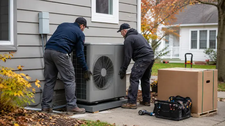 HVAC technicians replacing a modern outdoor heat pump beside a residential home