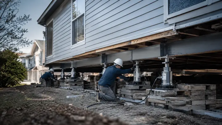 Workers leveling a house with hydraulic jacks and structural supports