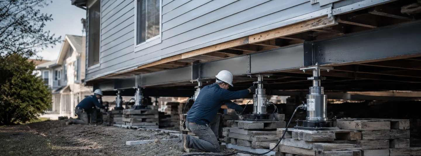 Workers leveling a house with hydraulic jacks and structural supports