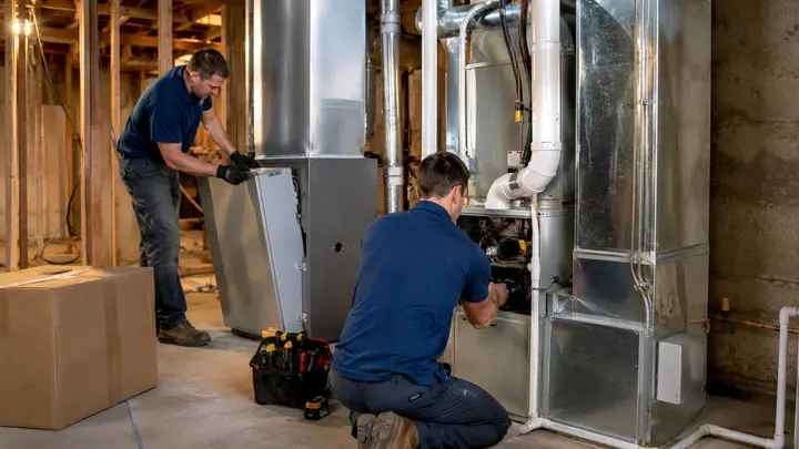 HVAC technicians replacing residential heating and cooling equipment in a mechanical room