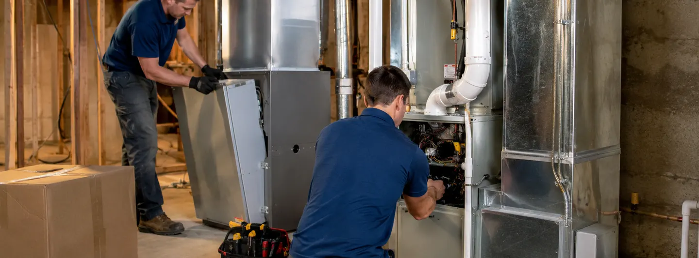 HVAC technicians replacing residential heating and cooling equipment in a mechanical room
