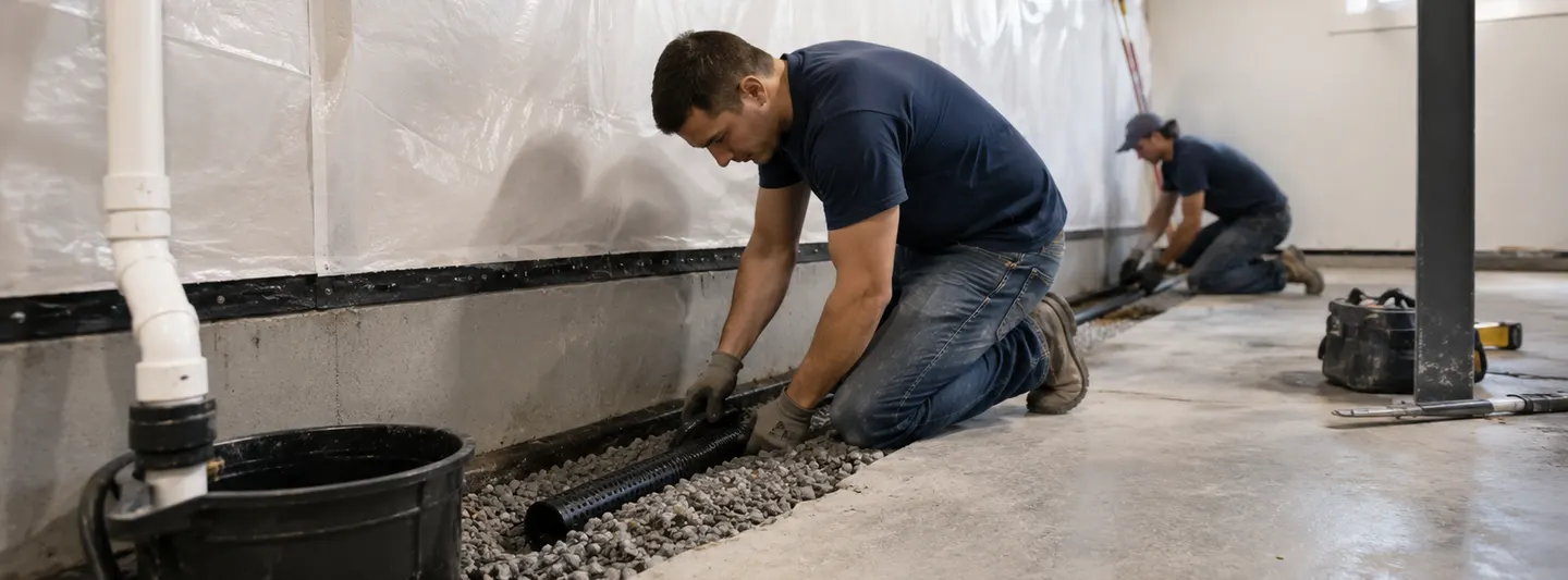 Contractors installing an interior French drain and sump system along a basement perimeter