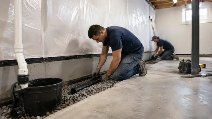 Contractors installing an interior French drain and sump system along a basement perimeter