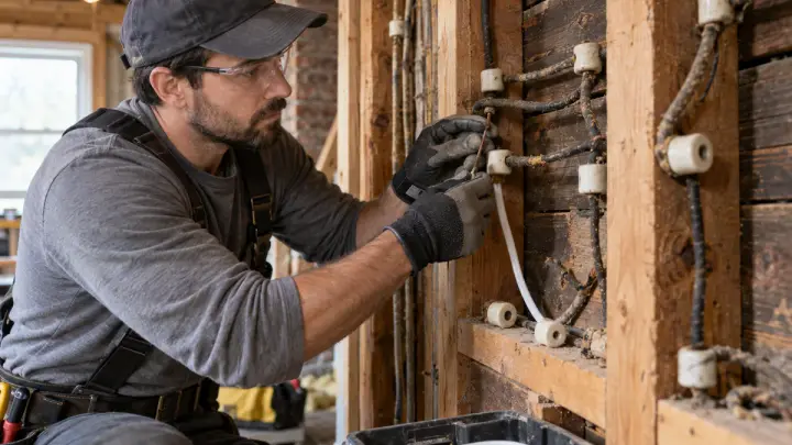 Electrician replacing old knob-and-tube wiring inside an opened wall of an early twentieth-century house
