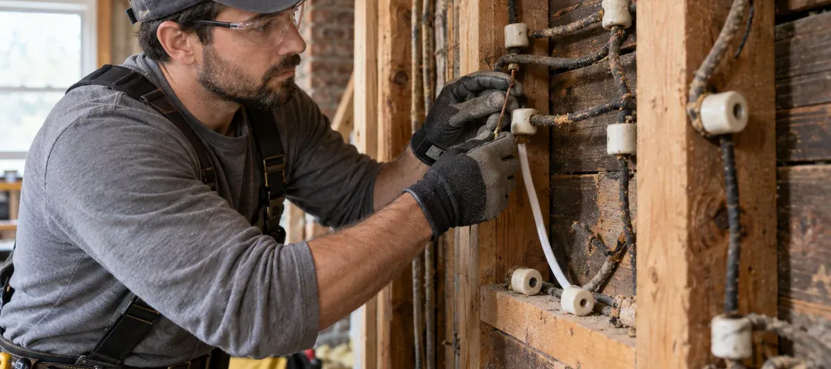 Electrician replacing old knob-and-tube wiring inside an opened wall of an early twentieth-century house