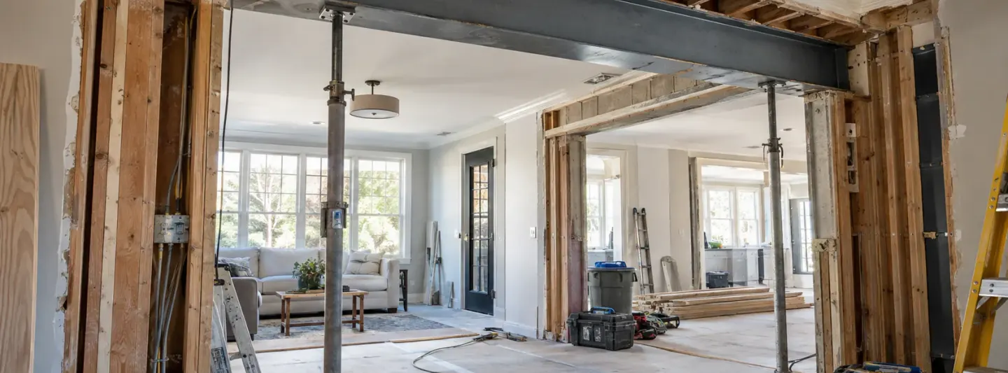 Interior renovation with a load-bearing wall removed, a new structural steel beam installed and temporary support posts in place