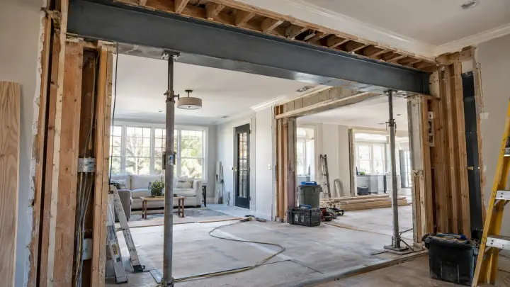 Interior renovation with a load-bearing wall removed, a new structural steel beam installed and temporary support posts in place