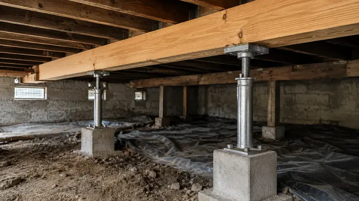 New main support beam installed beneath a house with steel support posts on concrete footings