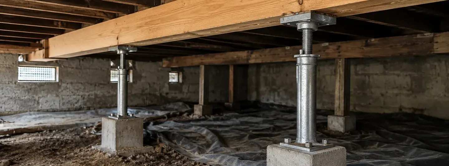 New main support beam installed beneath a house with steel support posts on concrete footings