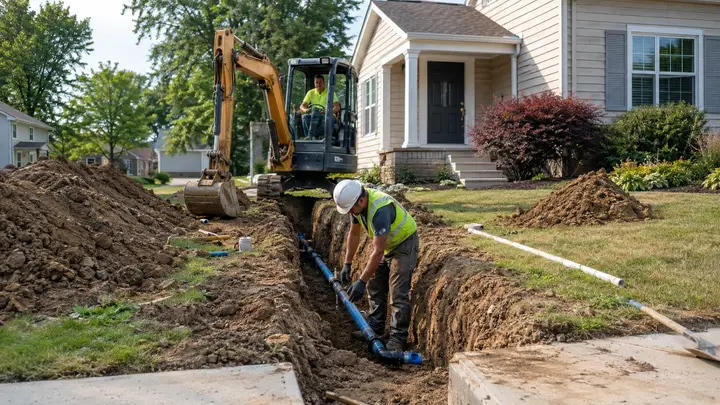 Contractor replacing a residential main water service line through an excavated front yard trench