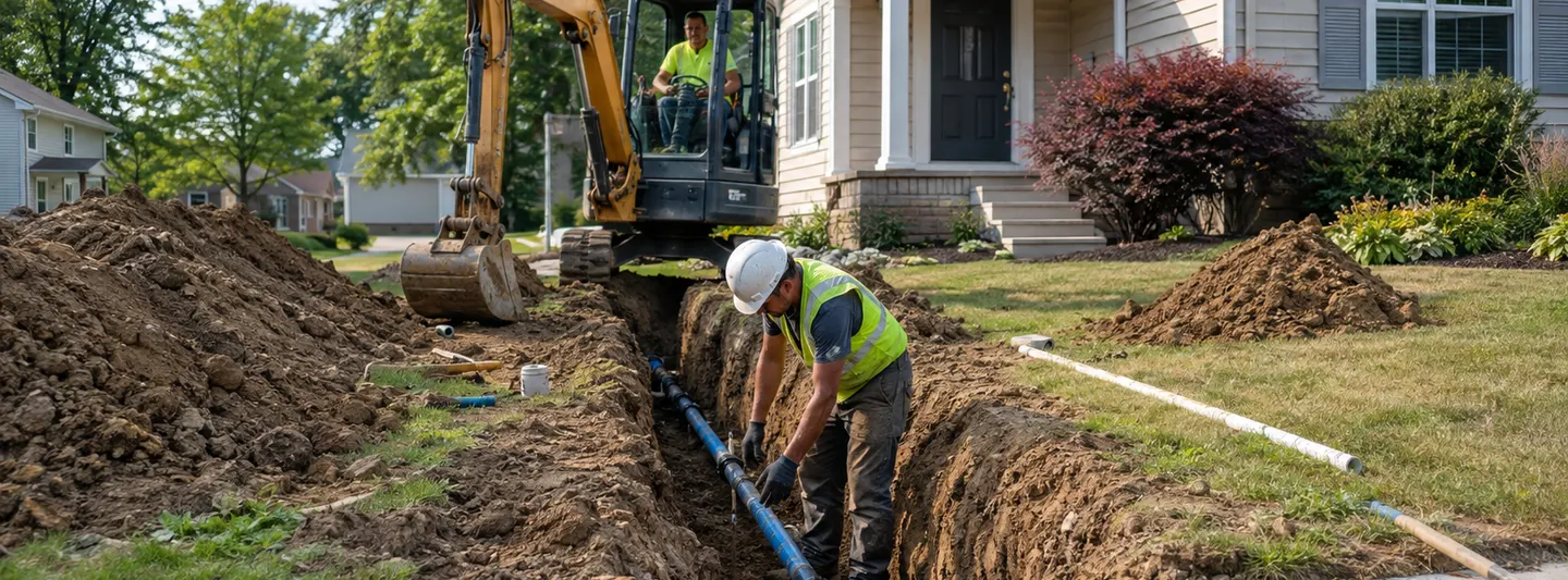 Contractor replacing a residential main water service line through an excavated front yard trench