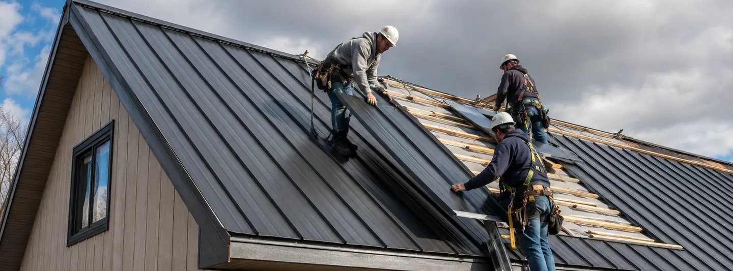 Roofing crew installing standing-seam metal roof panels on a residential house