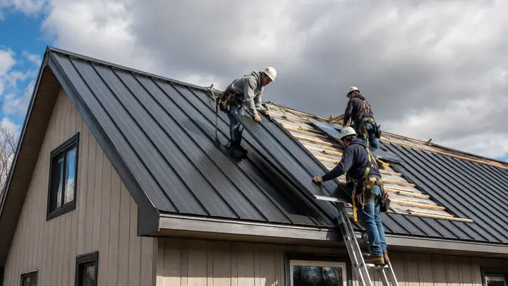 Roofing crew installing standing-seam metal roof panels on a residential house