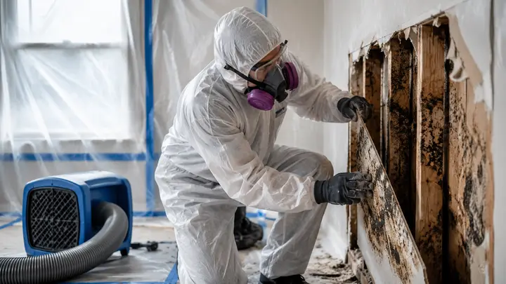 Mold remediation professional removing contaminated drywall inside a contained residential work area