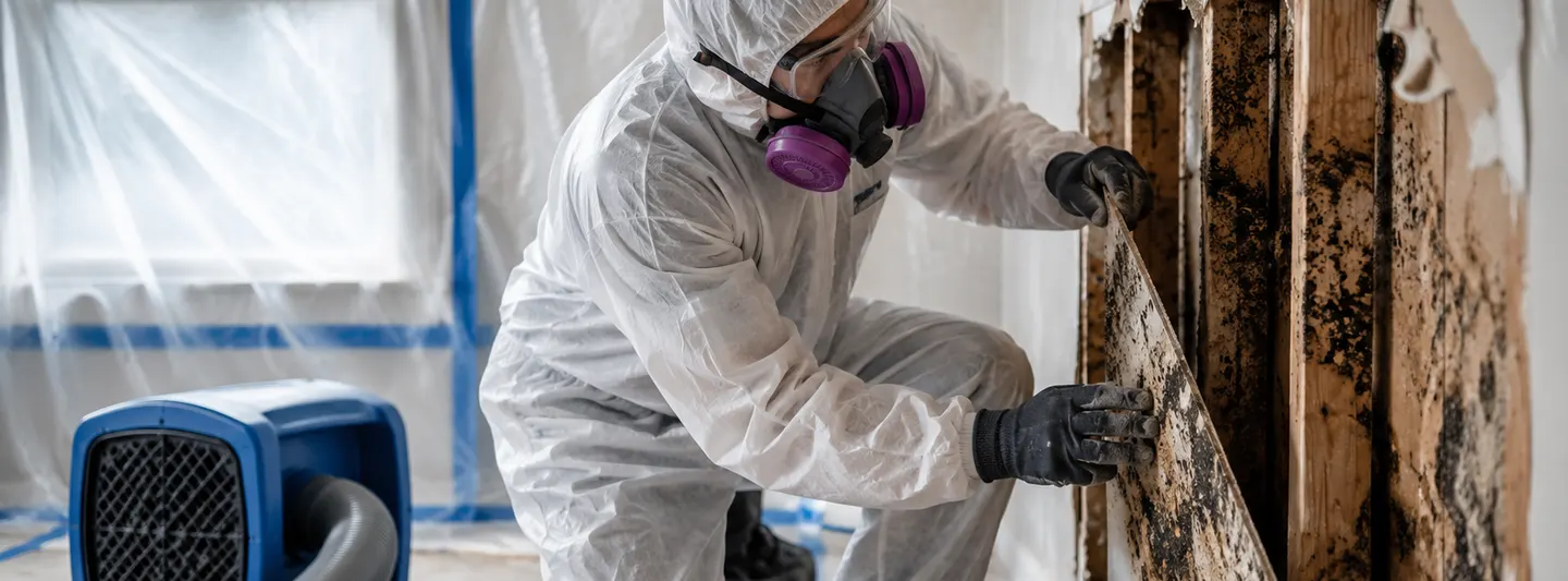 Mold remediation professional removing contaminated drywall inside a contained residential work area