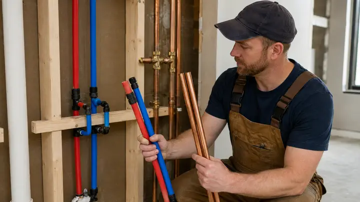 Plumber comparing red and blue PEX tubing with copper pipe during a residential repipe