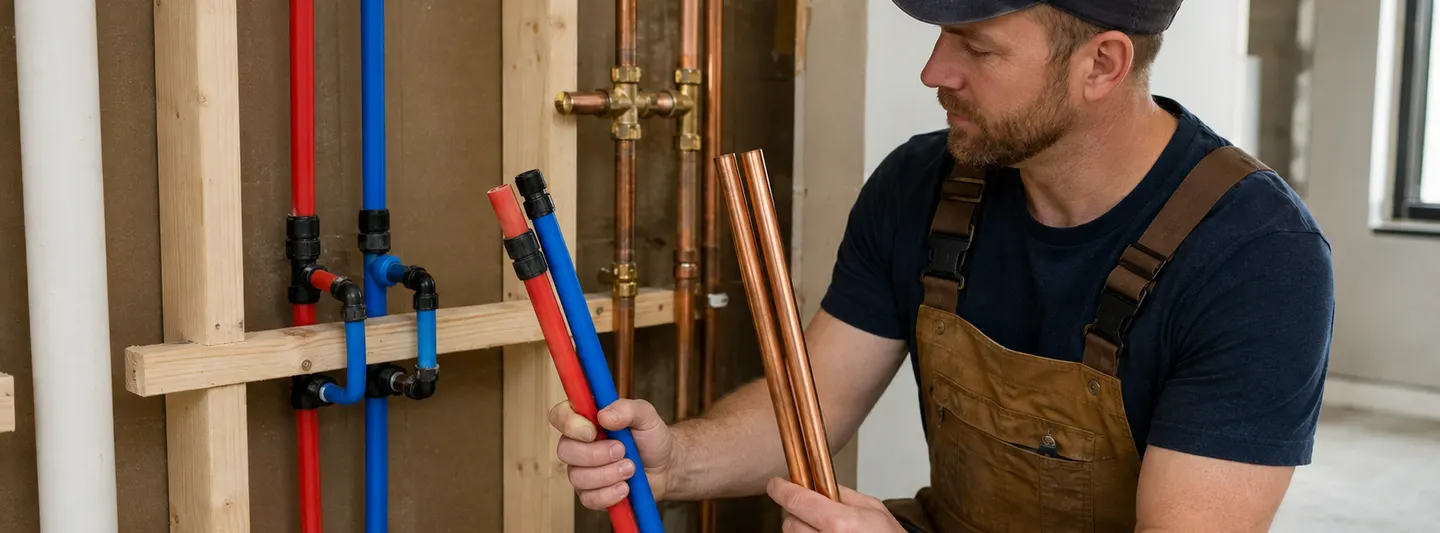 Plumber comparing red and blue PEX tubing with copper pipe during a residential repipe