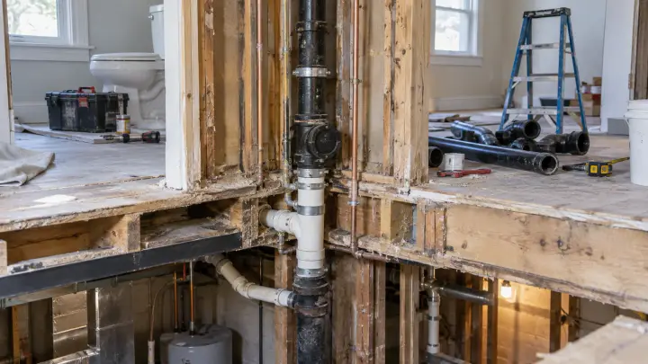Exposed multi-story plumbing stack with drain and vent piping during a residential renovation