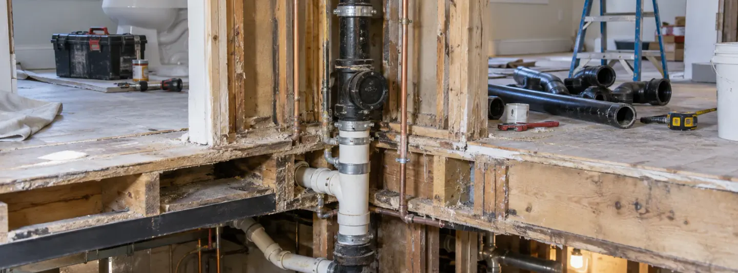 Exposed multi-story plumbing stack with drain and vent piping during a residential renovation