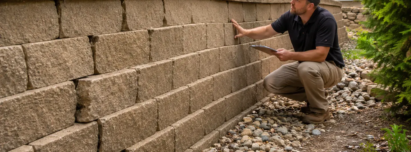 Contractor inspecting a leaning concrete block retaining wall beside a sloped residential yard