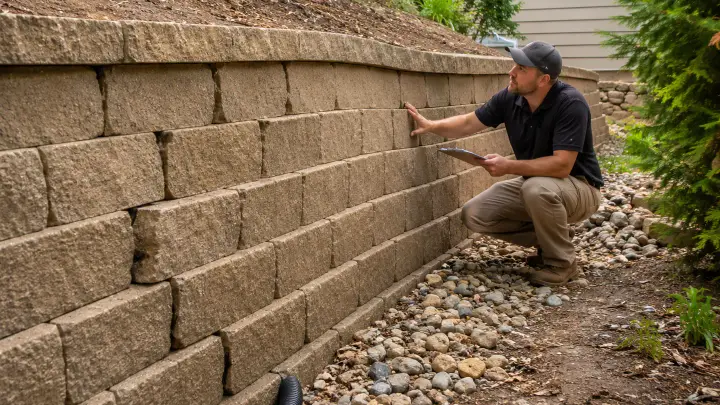 Contractor inspecting a leaning block retaining wall beside a sloped residential yard