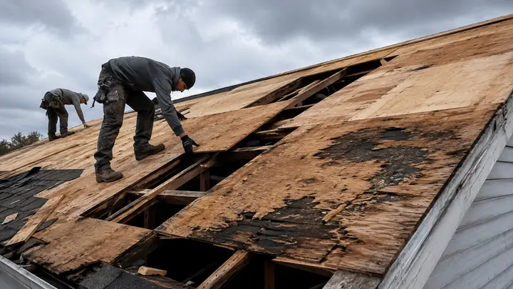 Roofers replacing damaged and rotted plywood roof decking beneath removed shingles