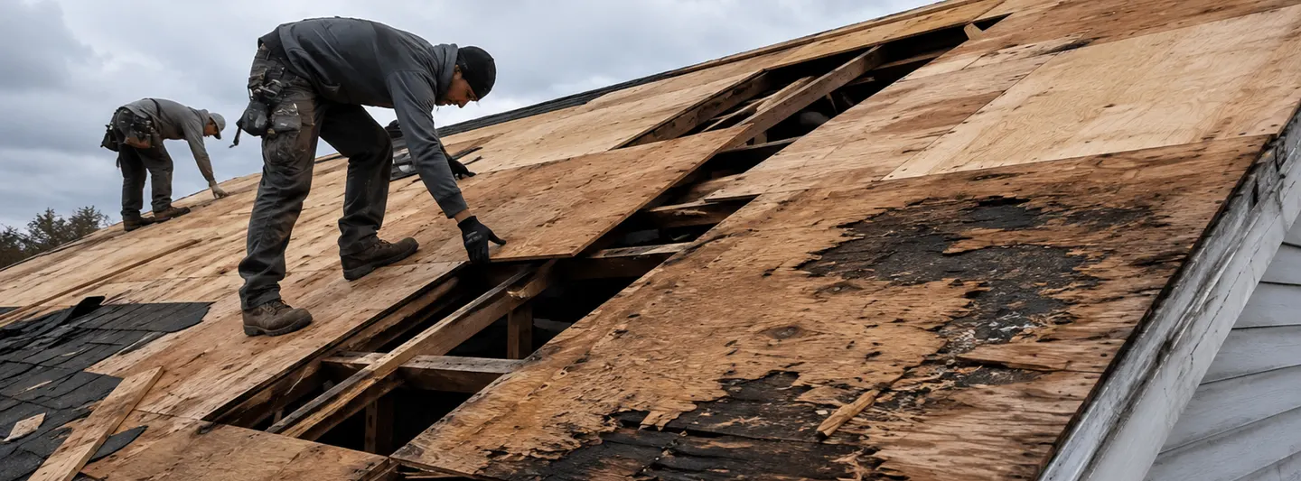 Roofers replacing damaged and rotted plywood roof decking beneath removed shingles