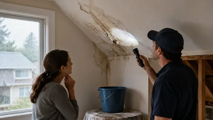 Contractor inspecting interior ceiling water damage caused by a roof leak during rainy weather