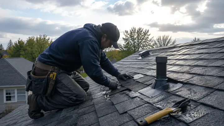 Roofer performing a localized asphalt shingle and flashing repair after rain