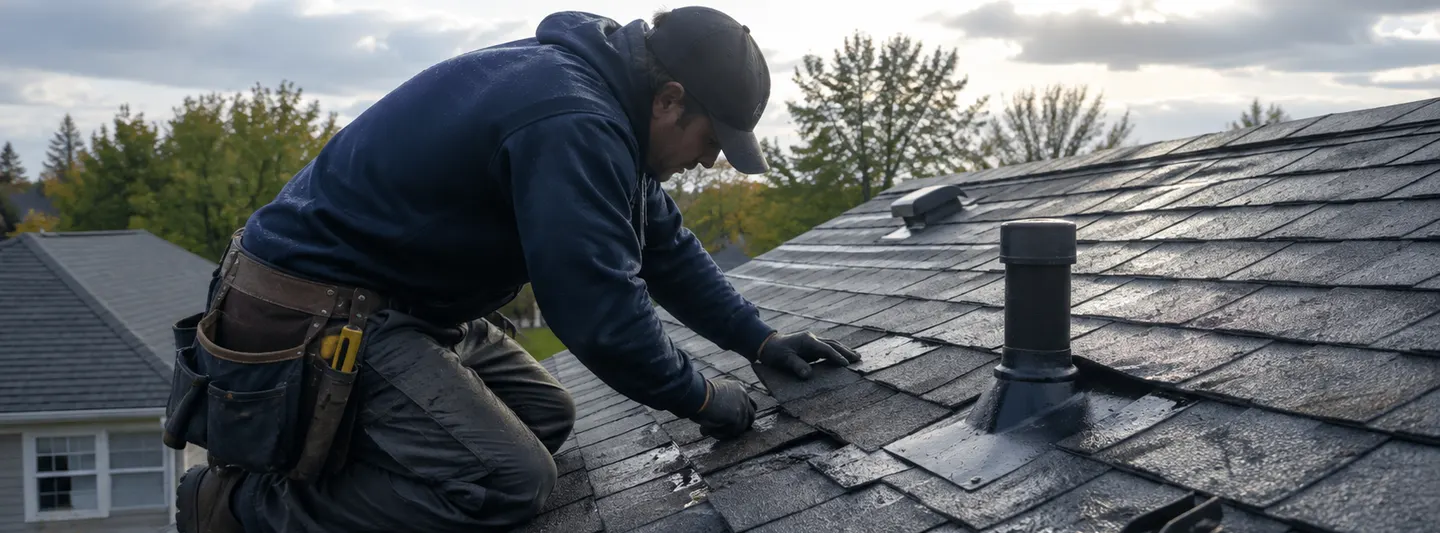 Roofer performing a localized asphalt shingle and flashing repair after rain