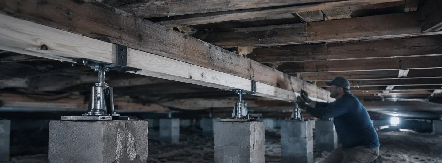 Worker reinforcing floor joists and beams beneath a sagging residential floor