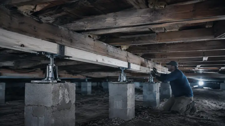 Worker reinforcing floor joists and beams beneath a sagging residential floor