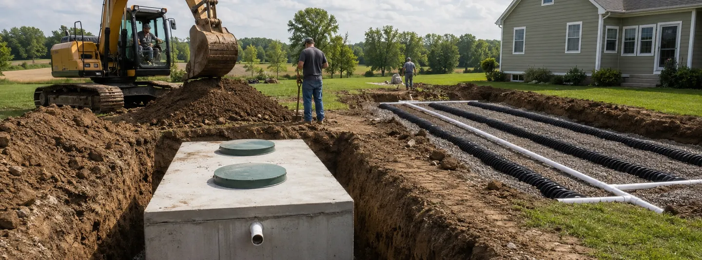 Excavation crew installing a replacement septic tank and drain field at a residential property
