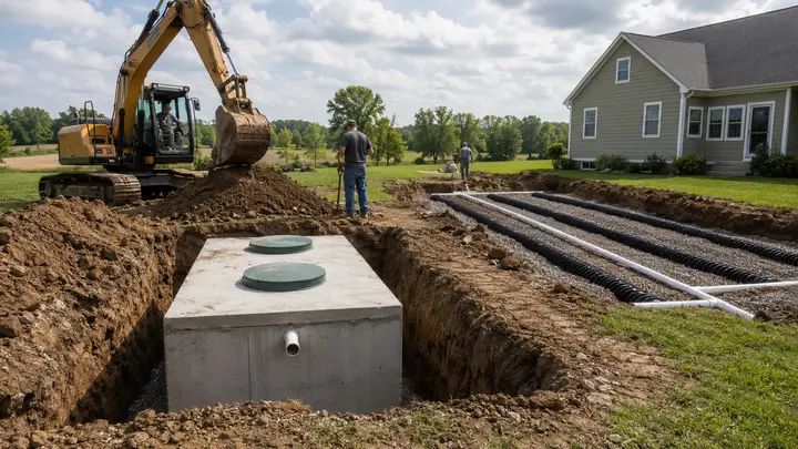 Excavation crew installing a replacement septic tank and drain field at a residential property
