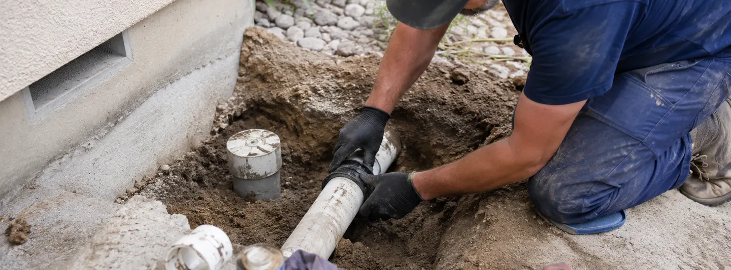 Plumber completing a localized residential sewer pipe repair beside a house foundation
